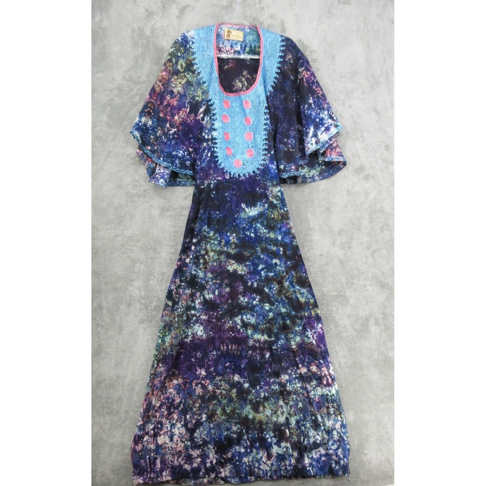 Vintage African Heritage Dress Womens Size M Tie Dye Crochet Bib Maxi Open Back